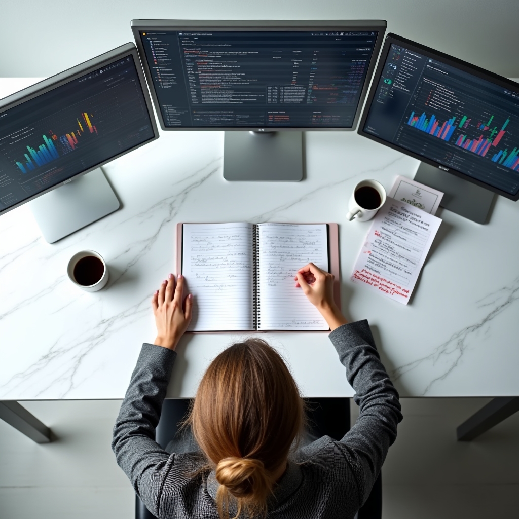 SEO professional conducting a technical audit with multiple monitors showing crawl data and search console reports